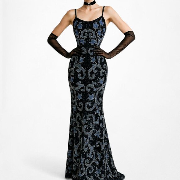 Vintage Black Blue Floral Beaded Silk Bodycon Maxi Prom Dress Size M - Picture 1 of 8